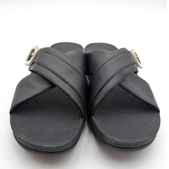 FitFlop LULU Crystal Buckle Leather Cross Slides Sandals Black Size US9 EU41 - Picture 2 of 15